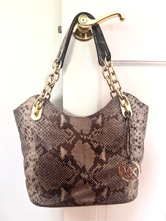 Michael Kors Handbags - Michael Kors Taupe and Dark Brown Snakeskin-Print Shoulder Bag